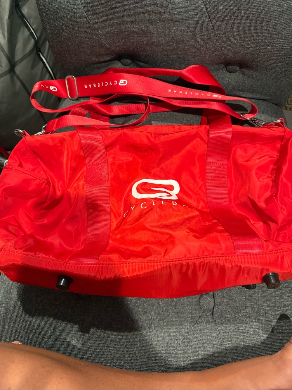 Cyclebar Bright Red Nylon Duffel with Logo Strap